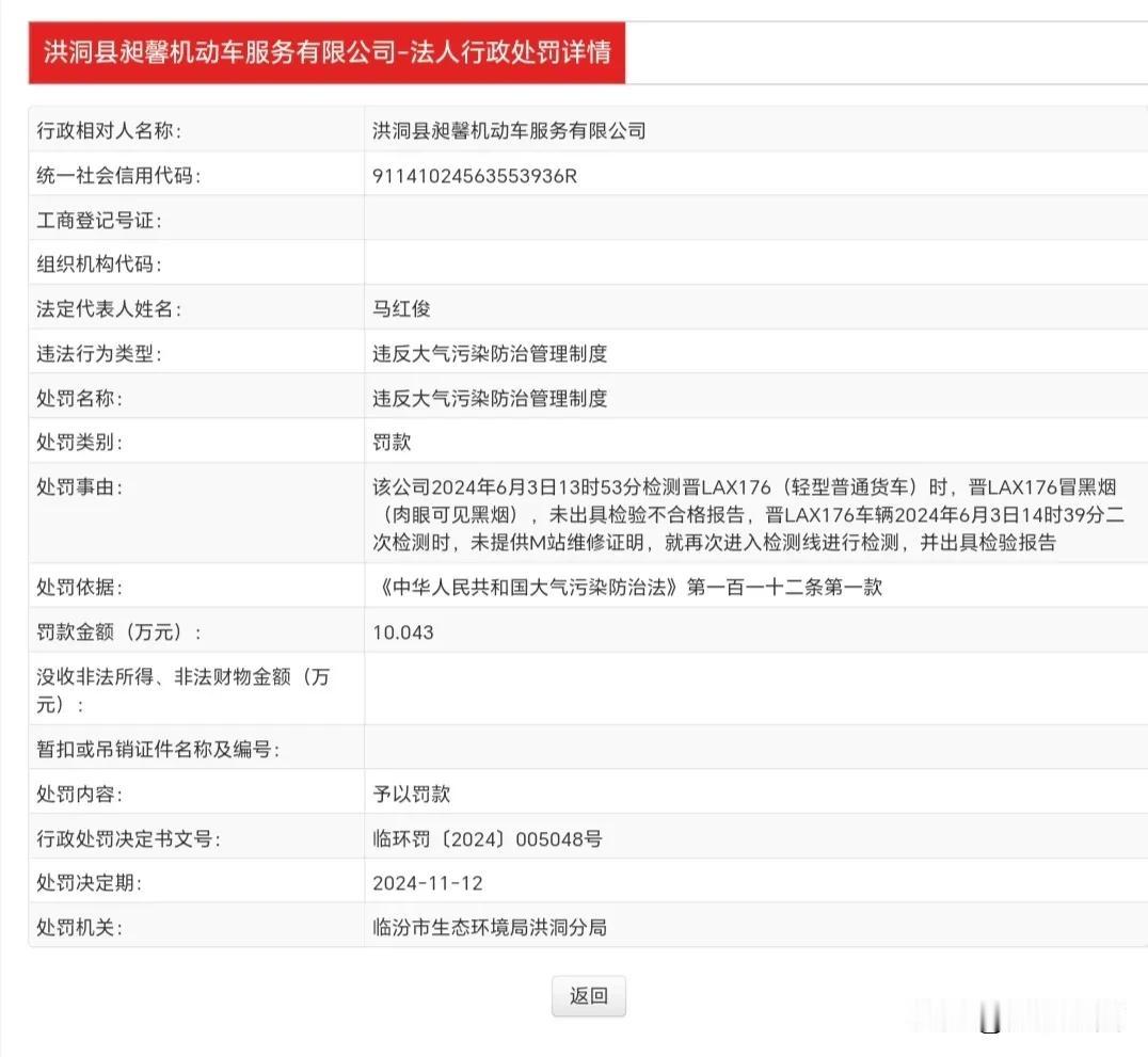洪洞县昶*机动车服务有限公司 被罚：10.043万