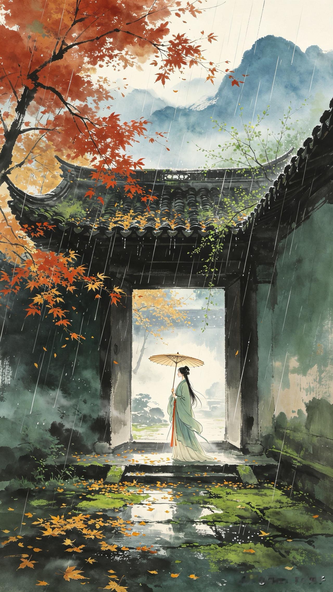 秋雨潇潇湿暮烟，
空庭叶落自年年。
莫嫌此际繁华尽，
        
…………