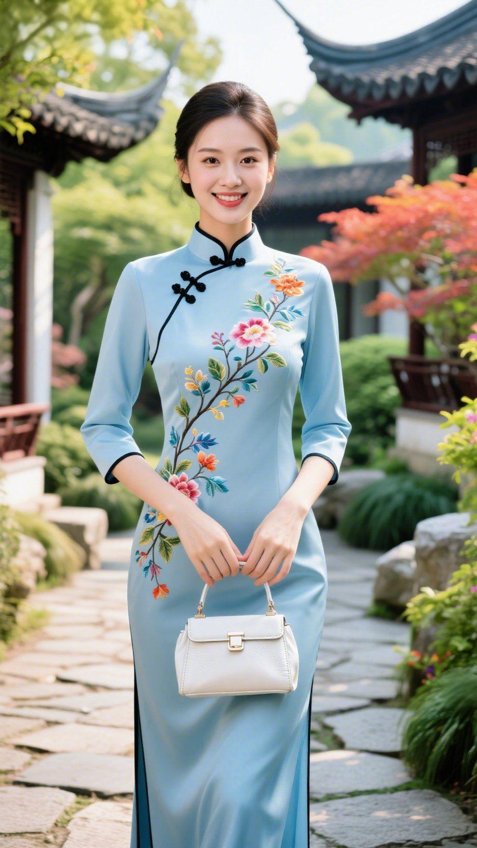 《青衫携春入园林》
 
亭台檐角浸着绿意时，她缓步石径，似将江南春韵融于衣间。浅