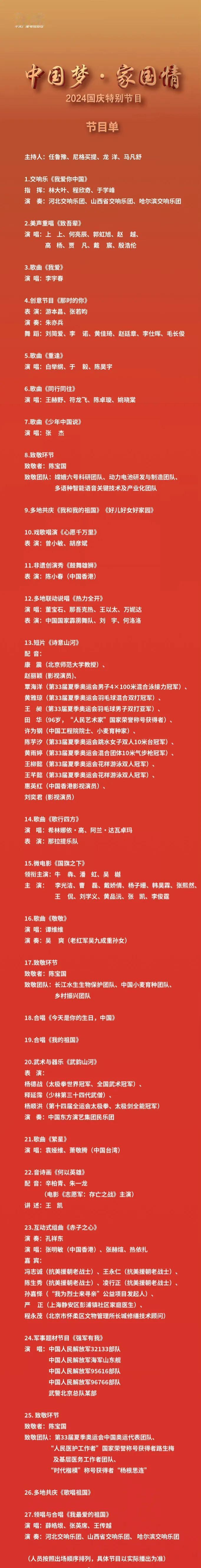 国庆节目单来了，中国梦家国情的主题，非常期待，必须看。#十月国庆大联欢# #期待