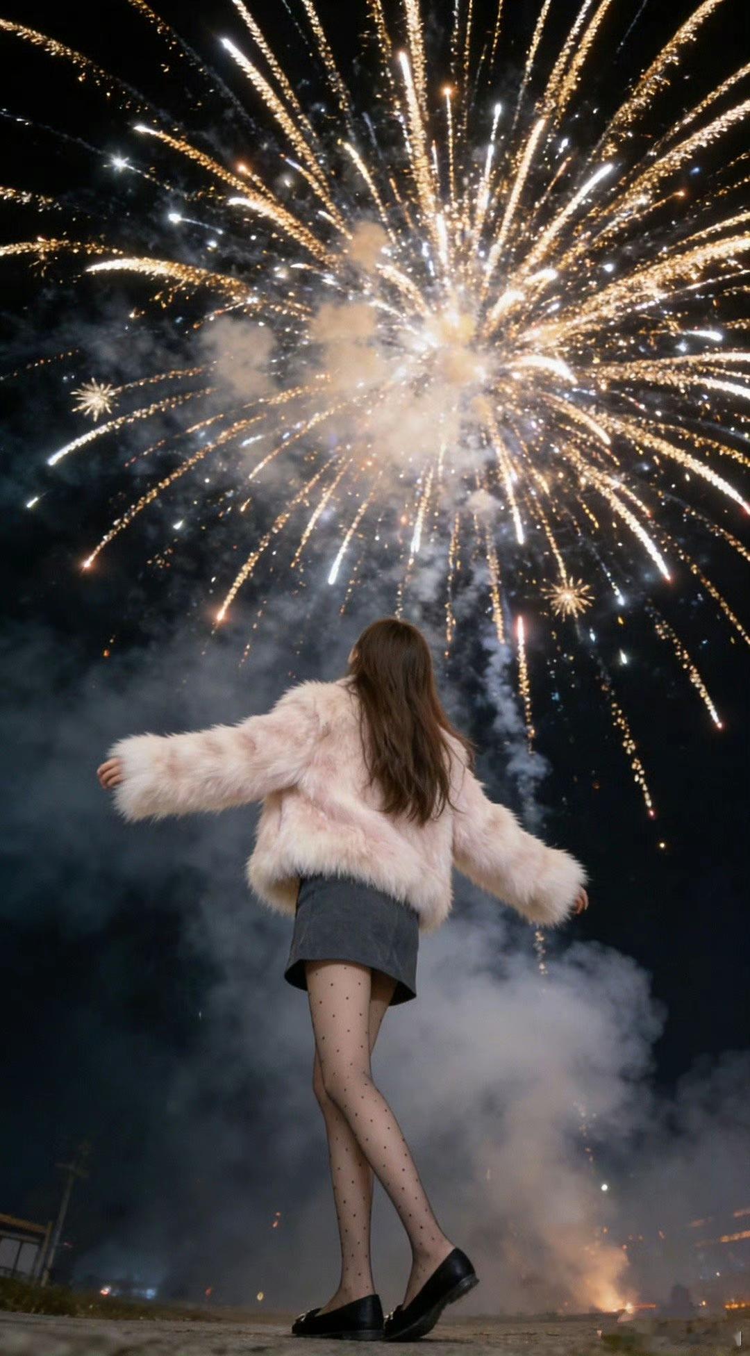 夜晚烟花下的少女，浪漫与自由的瞬间。