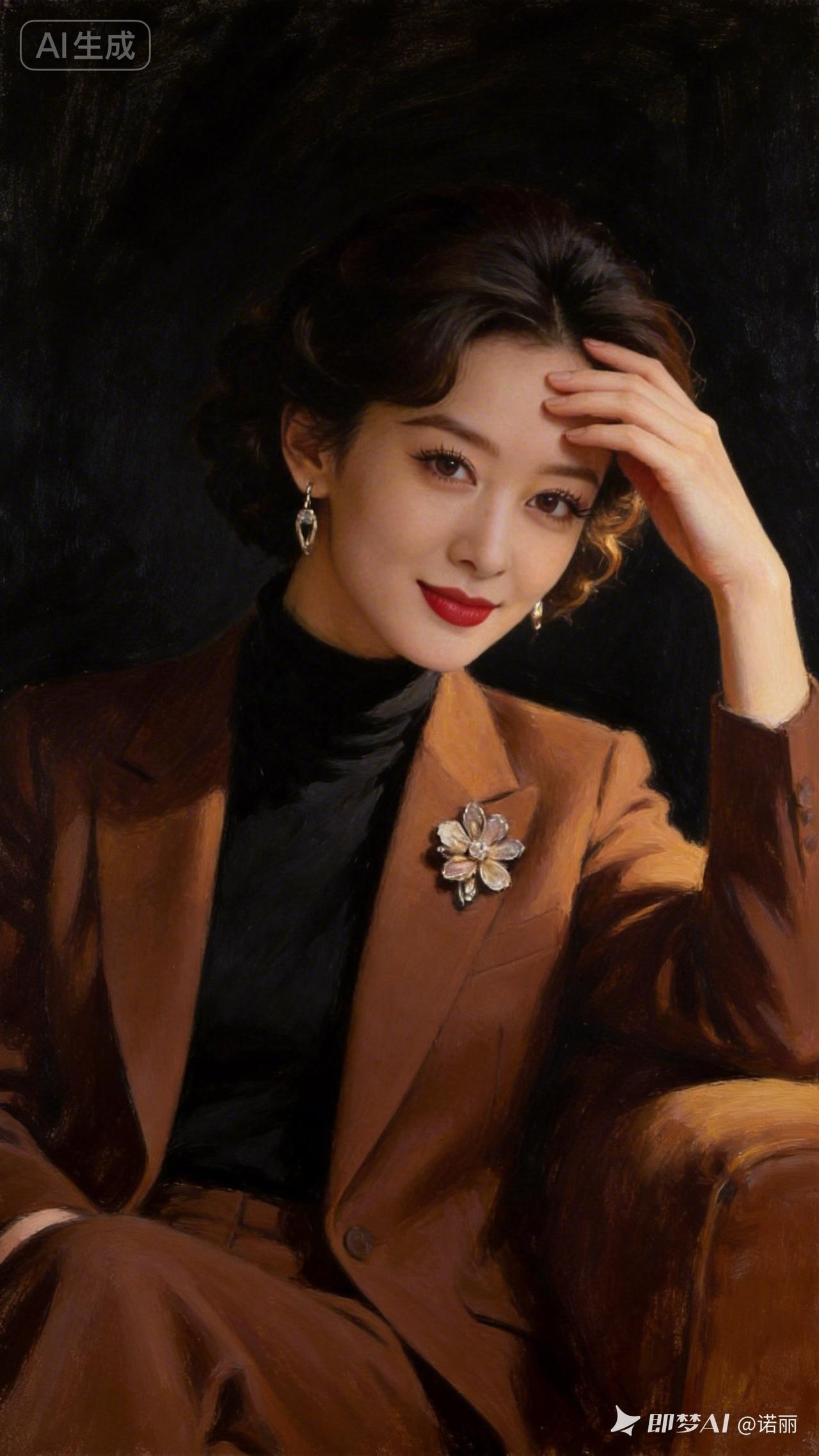 优雅复古风，红唇与花饰相映成趣，尽显女性魅力。