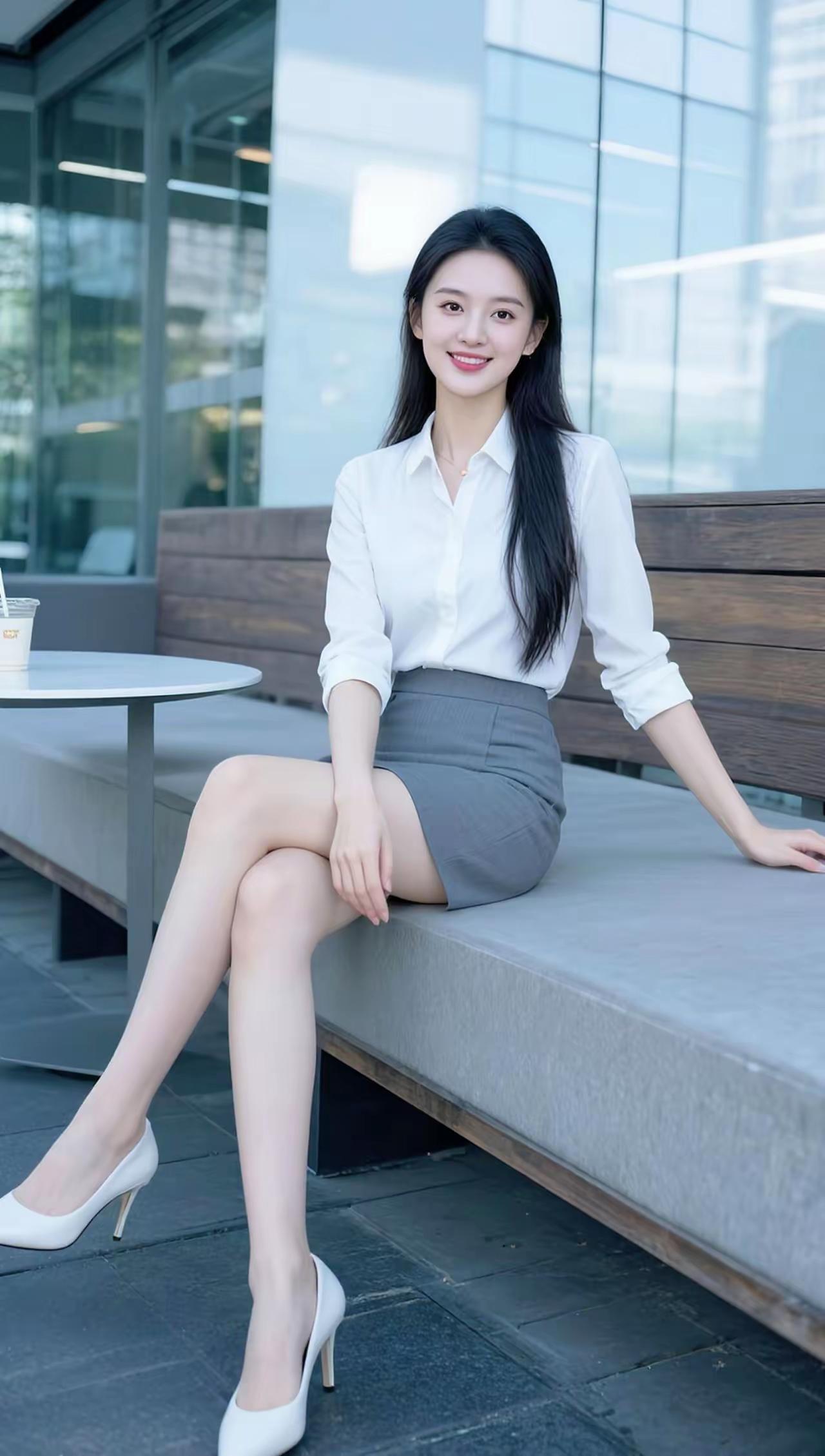 都市白领的优雅日常，白色衬衫与灰色短裙的完美搭配，高跟鞋的点缀，尽显时尚与自信。