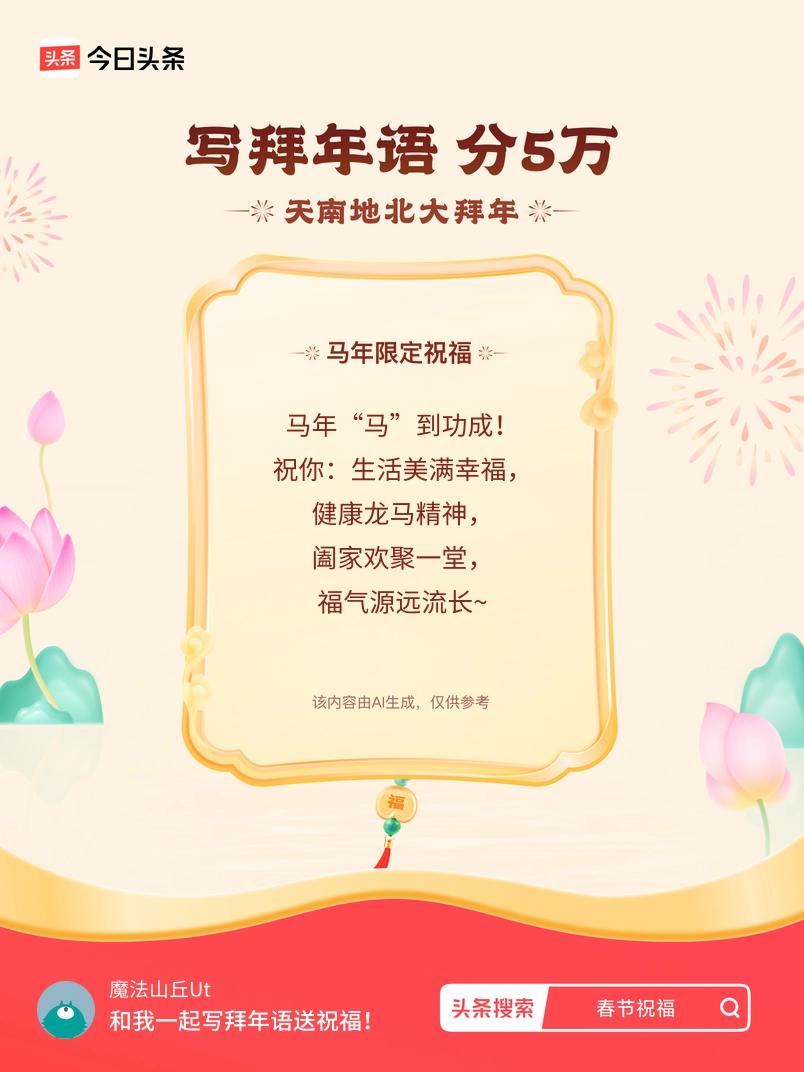写拜年语送祝福新春拜年送祝福！我的祝福是：“马年“马”到功成！祝你：生活美满幸福