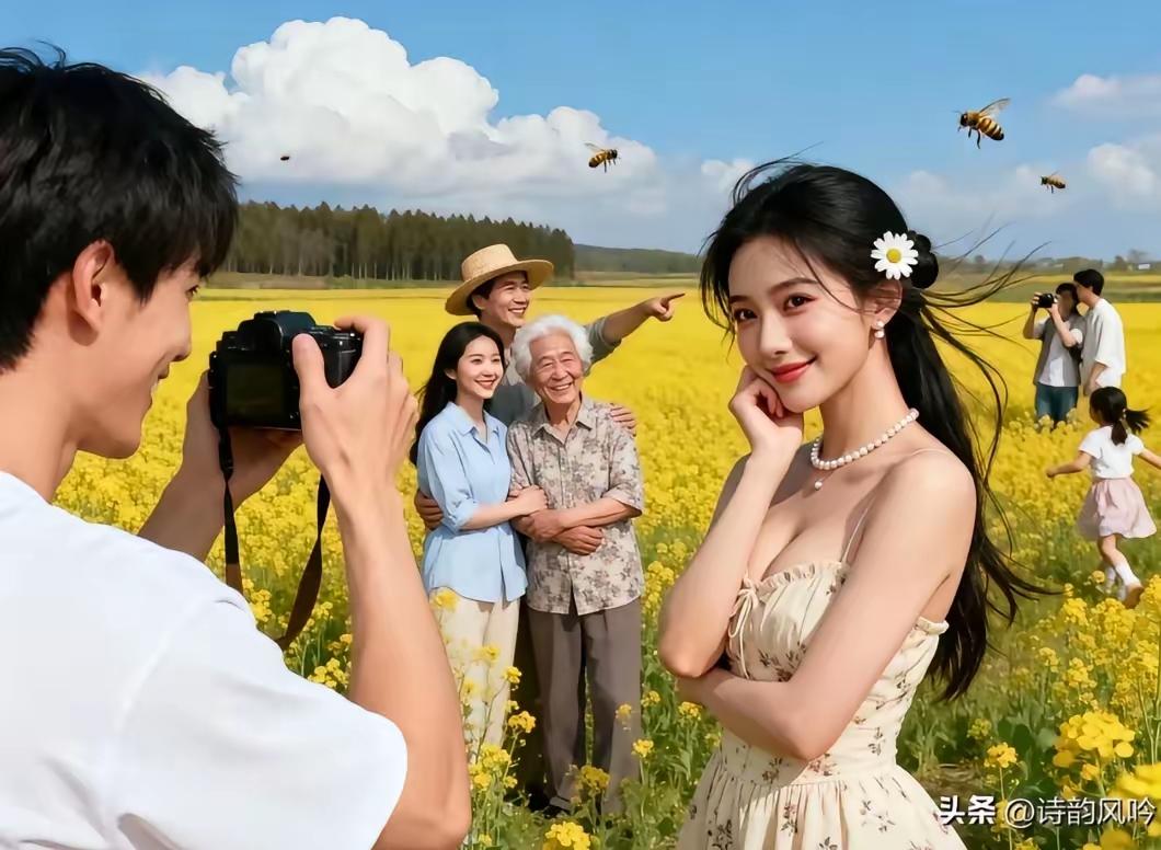 天净沙·菜花佳人
平畴菜蕊金黄，
晴云漫绕山岗，
少女嫣然倩影。
娇容相映，
黄