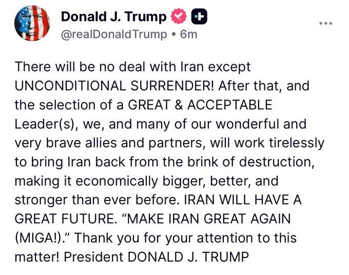 美国总统唐纳德·J·特朗普在他的“真相社交”应用程序上表示，与伊朗达成的唯一协议