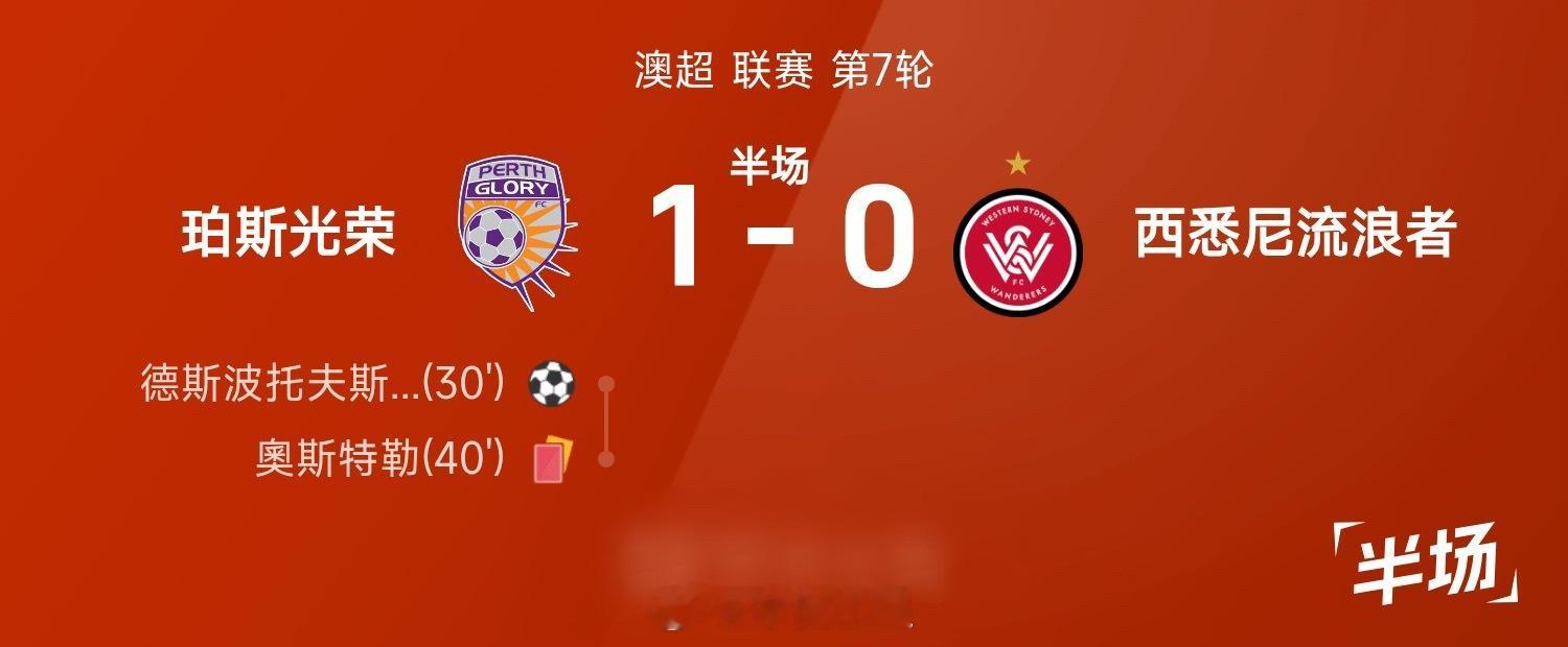 25/26赛季澳超联赛第7轮，珀斯光荣迎战西悉尼流浪者。半场战罢，双方比分暂为珀
