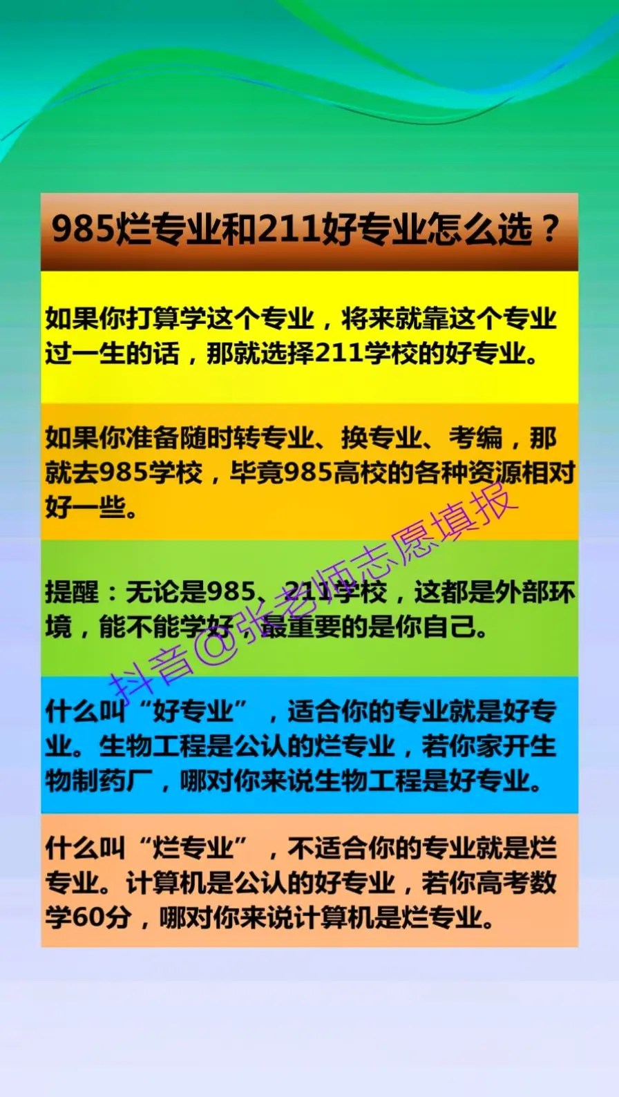985大学烂专业和211高校好专业怎么选？高考的分数考出来是不会改变的，但是填报志愿我们可以灵活应变，985大学的一般专业和211大学的重点专业，究竟该如何选择？针对不同考生的不同规划，要择其最优而选。不要以为一步一个脚印，扎扎实实的走就能成功。人生总有太多选择，每一个选择就像是一个岔路口，一旦走错了，一步错步步错，日后若想重新改路，就会难上加难。