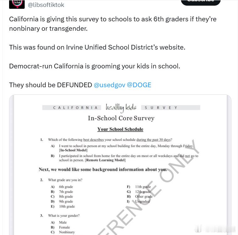 加州正在向学校发放这份调查问卷，询问六年级学生是否是非二元性别或跨性别。这份问卷
