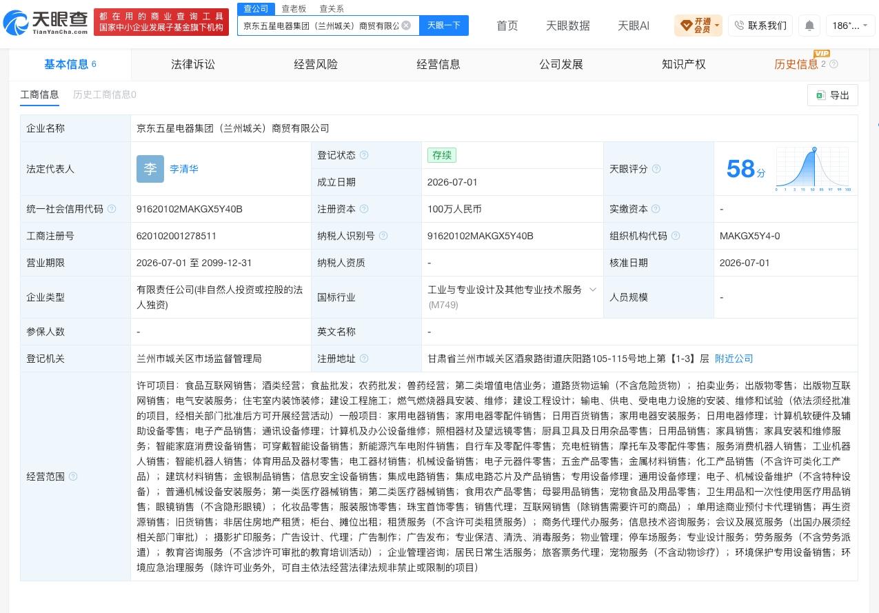 京东五星电器集团在兰州成立新公司 注册资本100万
天眼查App显示，近日，京东