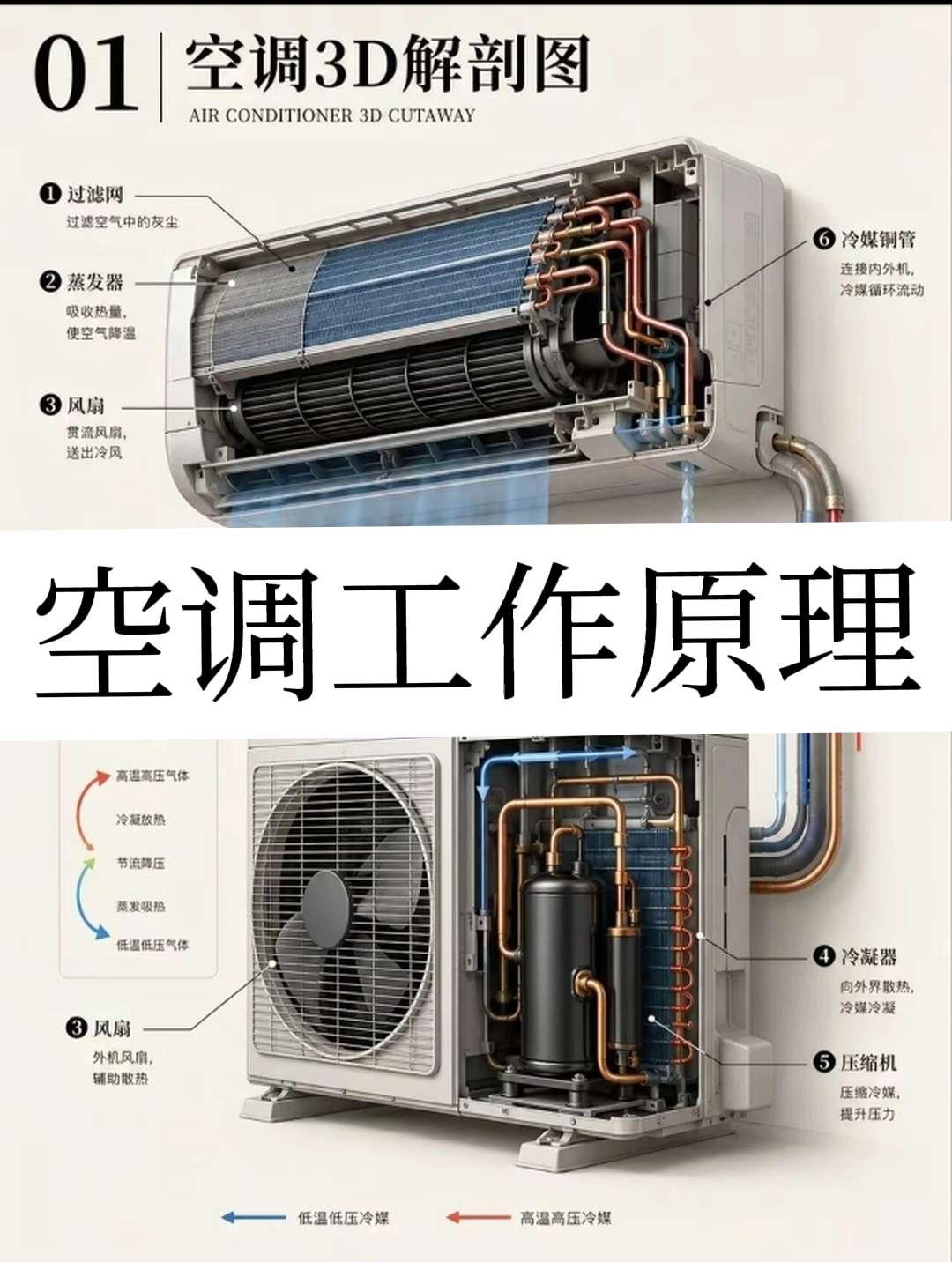 空调依靠制冷剂的气液相变传递热量。制冷模式下，液态制冷剂在室内机蒸发并吸收空气中