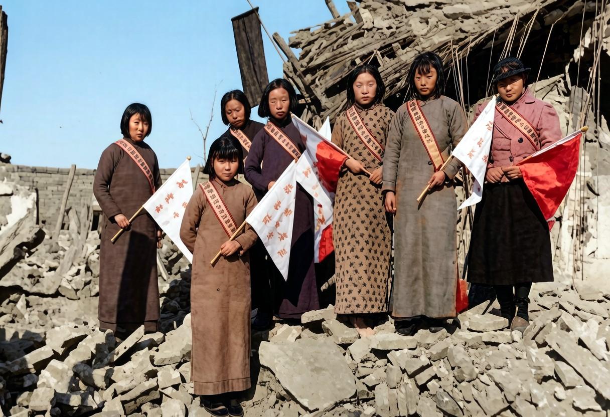 1937年，石家庄，一群为日军效力的年轻女子在镜头前合影。

她们手持旗帜，肩披
