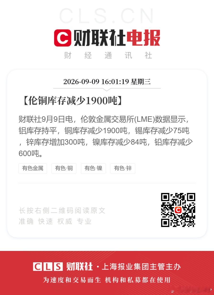 【伦铜库存减少1900吨】财联社9月9日电，伦敦金属交易所(LME)数据显示，铝