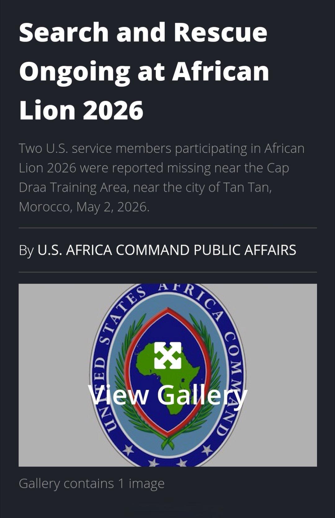 美国非洲司令部（AFRICOM）宣布，参加“非洲雄狮-2026”演习的两名美国军