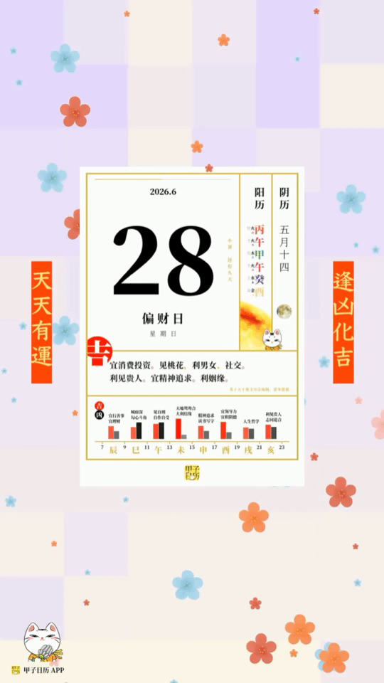 甲子日历 6 月 28 日，偏财日。宜消费投资。见桃花，利男女、社交。📆 星座