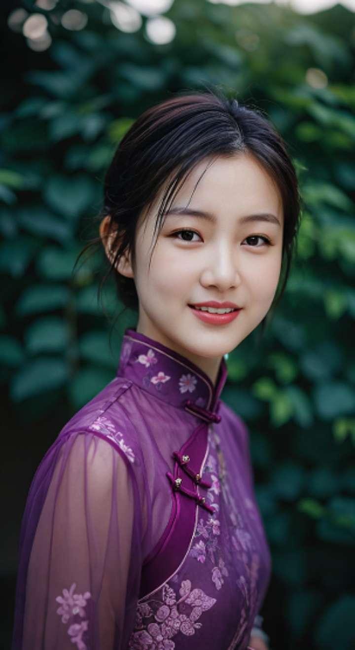 AI扩图 AI紫裙旗袍韵