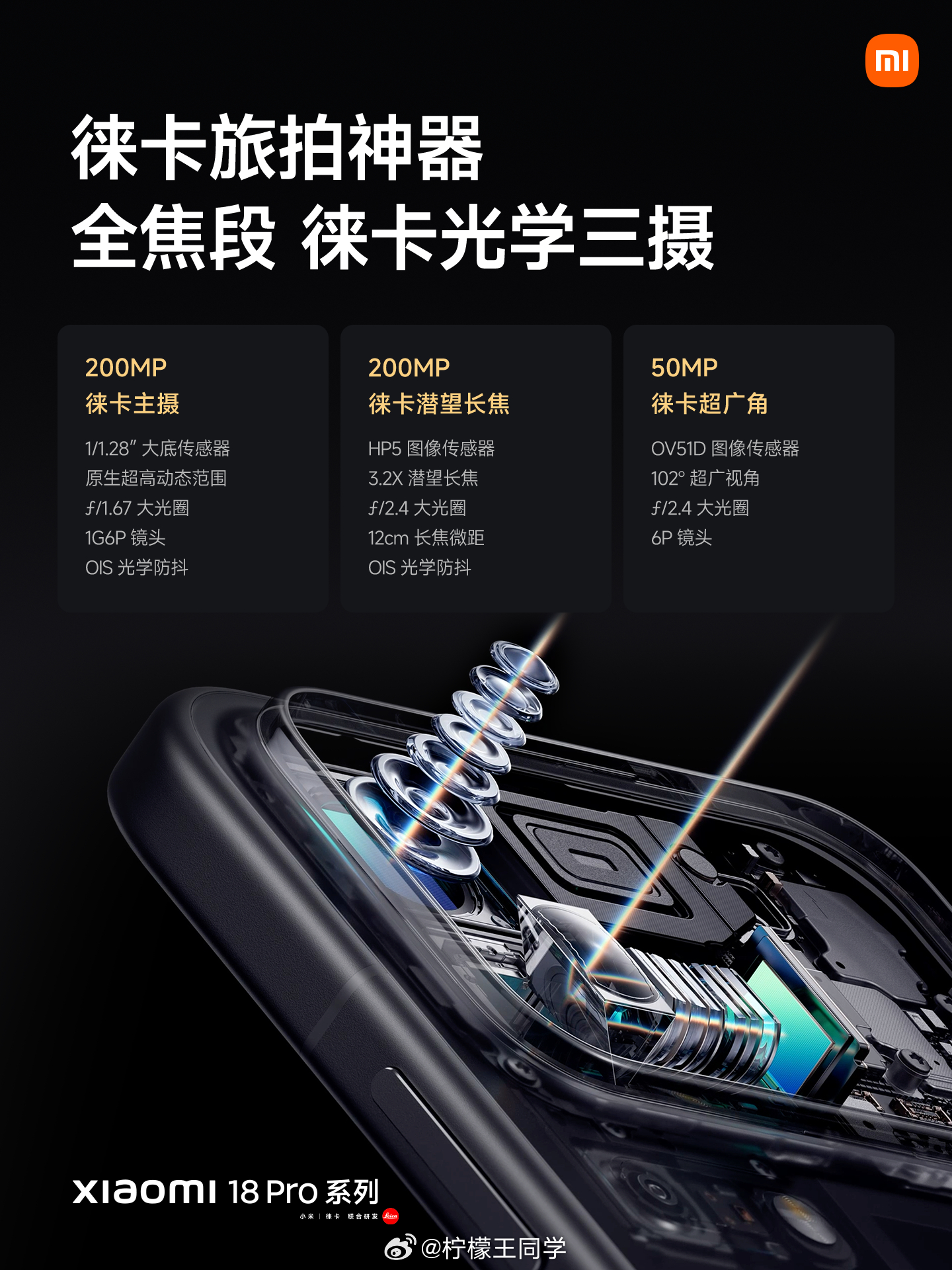 小米18 Pro系列全系搭载全焦段徕卡三摄，徕卡2亿主摄+徕卡2亿长焦，而且还有