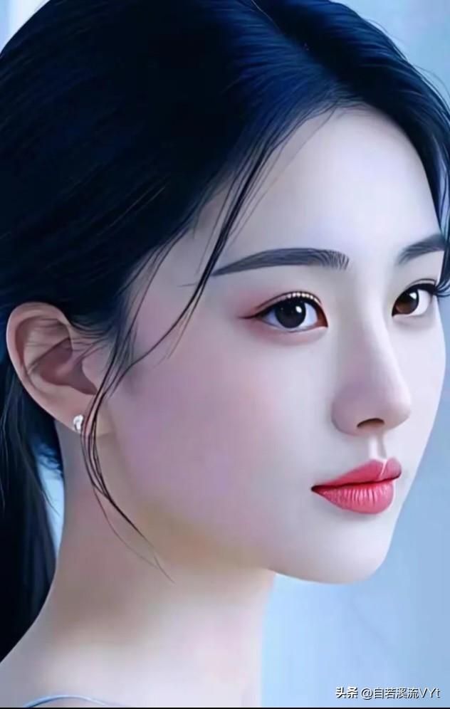 西江月·冰眸
 
墨发轻垂鬓畔，明眸澄澈含光。
琼肤如雪映容妆，一抹丹唇轻放。