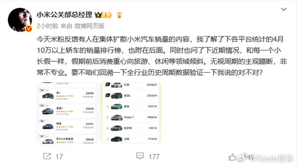 王化回应小米汽车销量内容5月15日，小米集团公关部王化发文回应了近期有人扩散小米