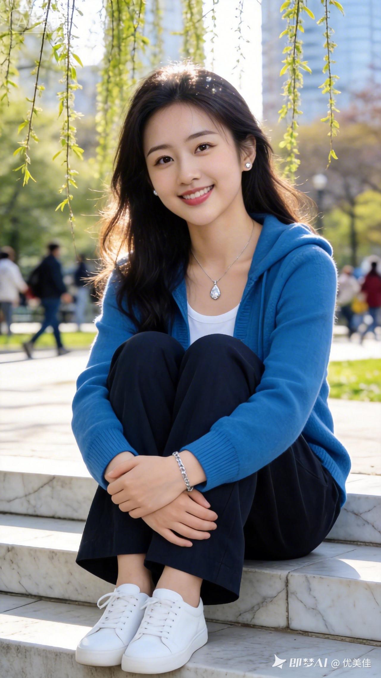 阳光明媚的午后，公园里的微笑女孩🌞😊