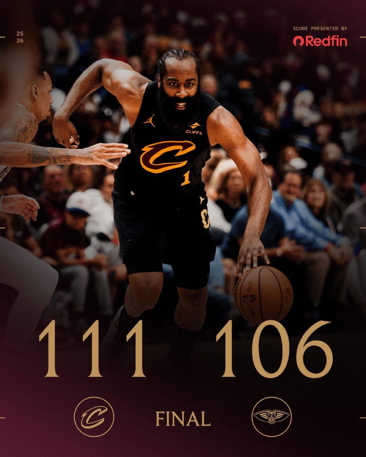 拿下鹈鹕！骑士官媒晒本场比赛的终场海报：取得三连胜