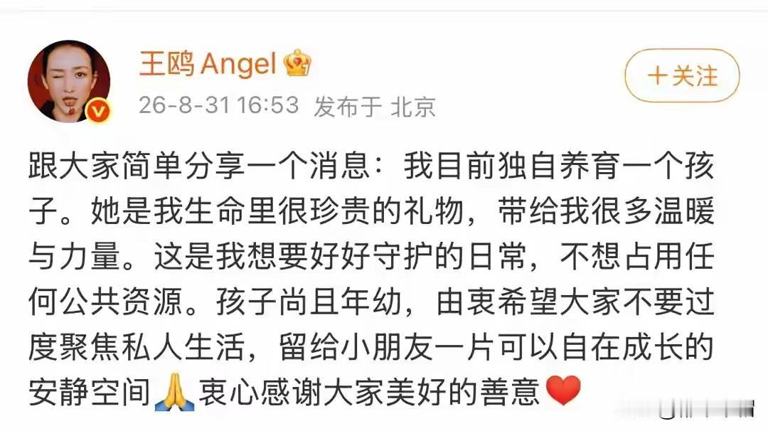 王鸥突然公布自己有个孩子，独自养育。她目前是未婚状态，所以很多人会关心孩子的爸爸