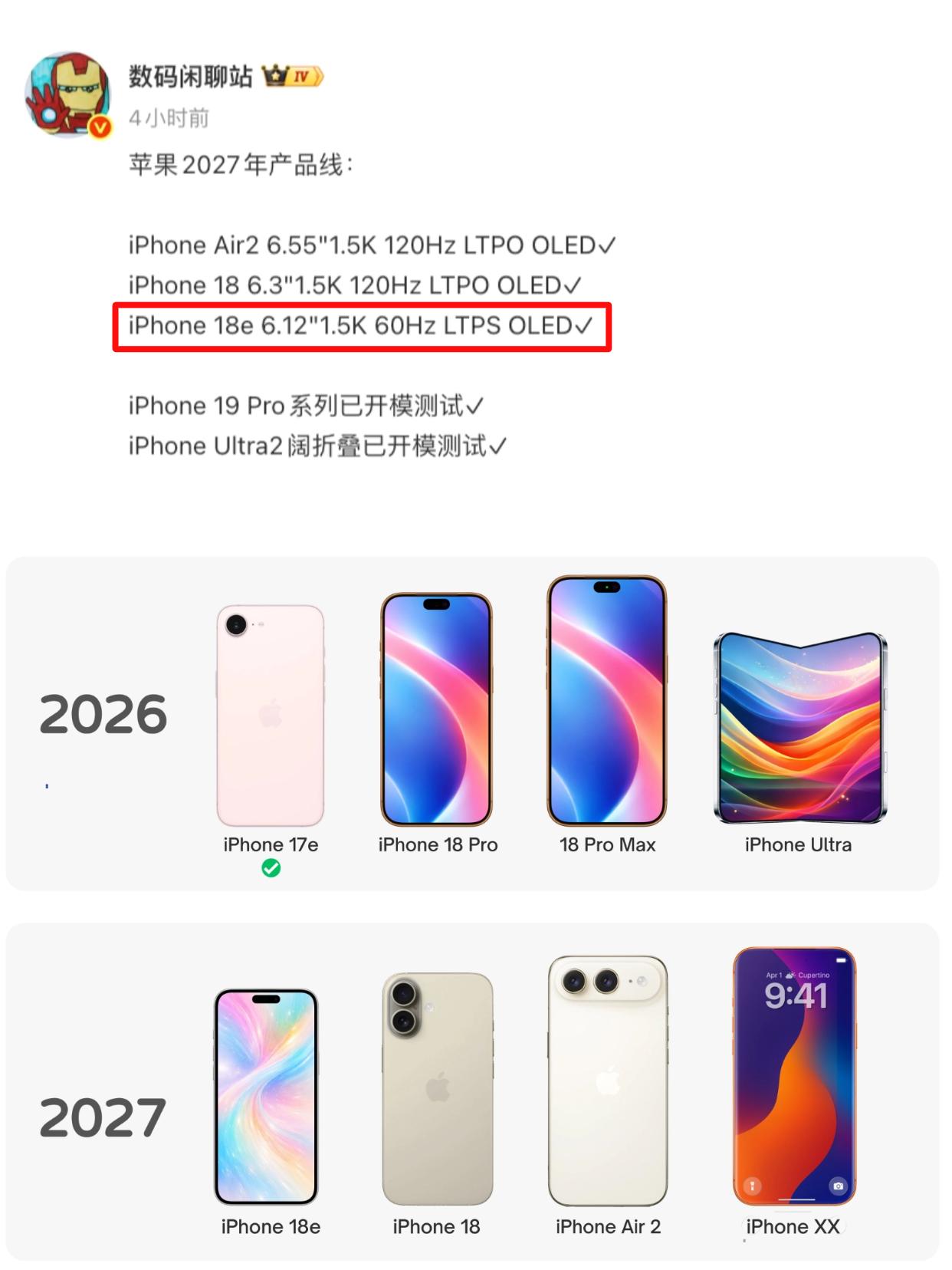 看来今年9月不会发布iPhone18标准版了，数码闲聊站曝光了苹果2027年产品