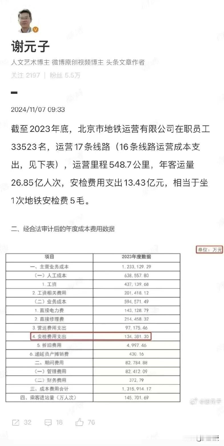北京地铁年客运量26亿人次，安检费用13亿，相当于每个人坐一次地铁安检费5毛，还