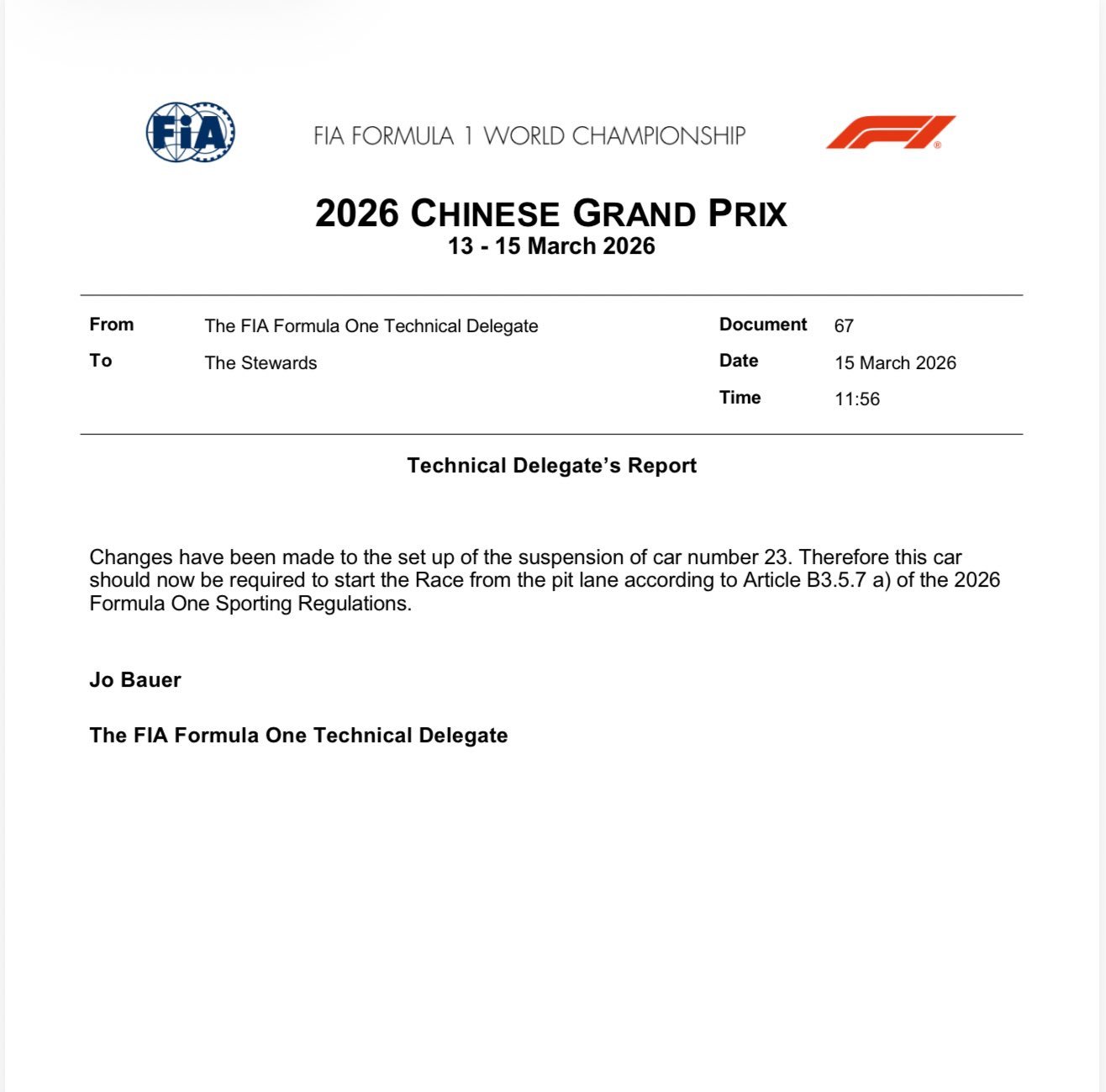 阿尔本这是怎么了，哎由于更换了悬挂系统，正赛将从维修区通道发车，失去原本的排位赛