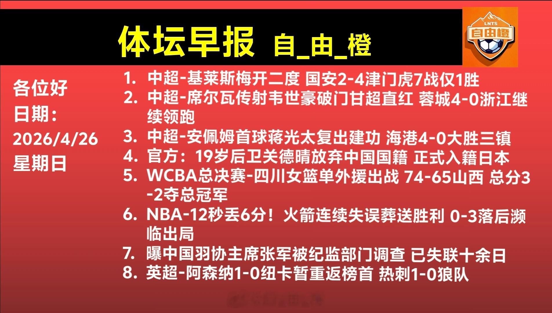 自由橙每日橙语体坛早晚报