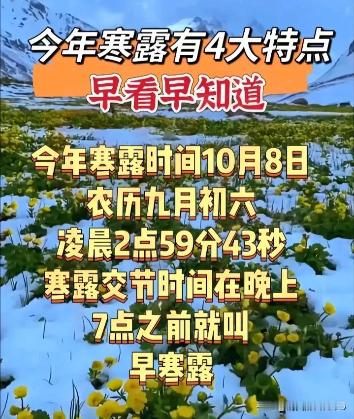 今日寒露！10月8号，农历9月初六，凌晨2点59分寒露节气！

今年属于早寒露，