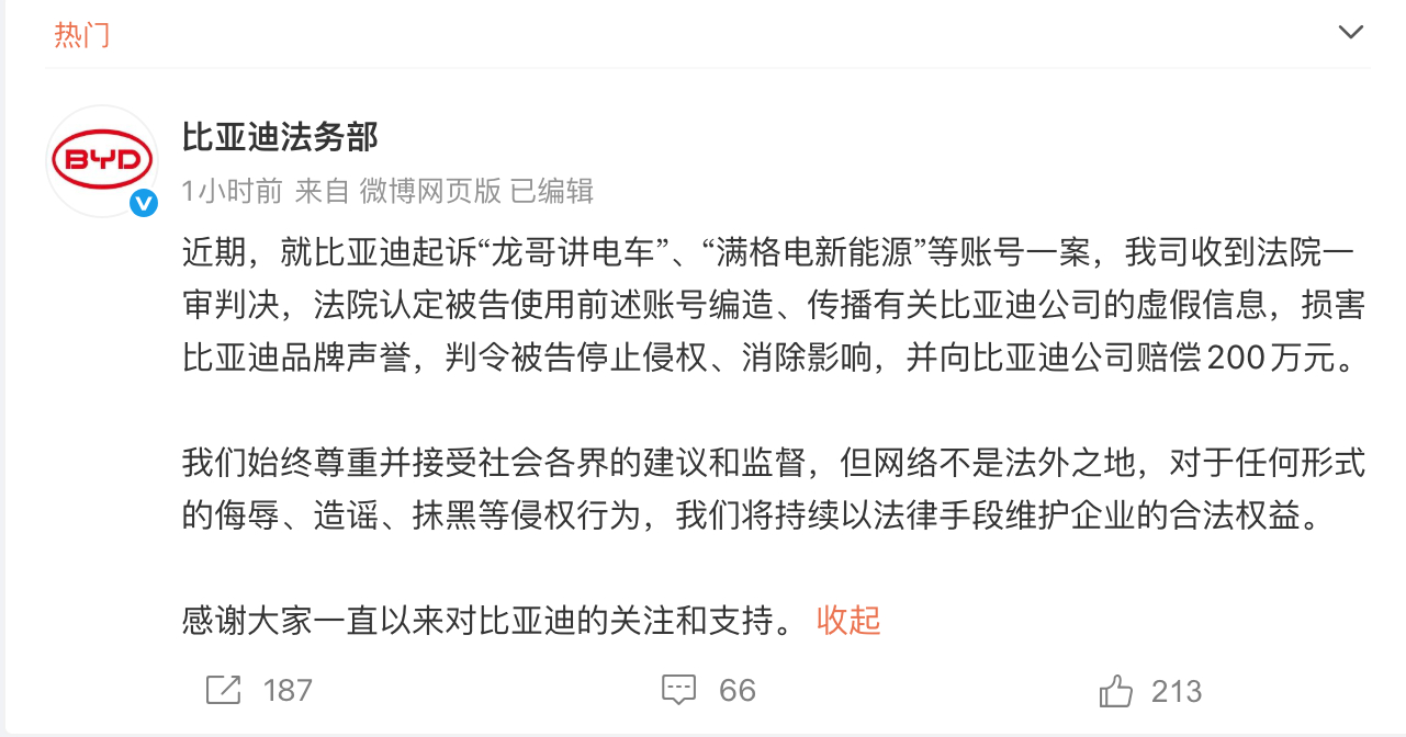 比亚迪：“龙哥讲电车”、“满格电新能源”等账号编造传播虚假信息，一审判赔200万