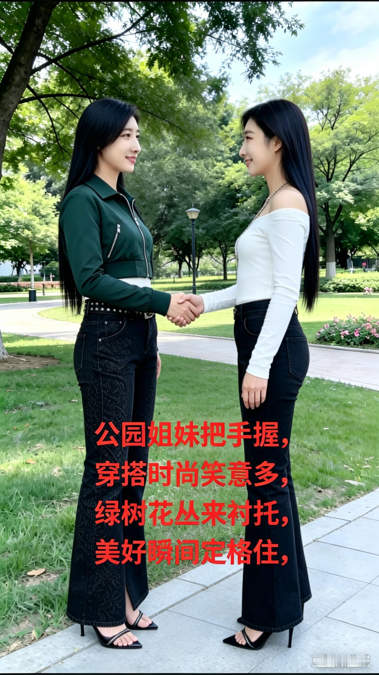 两位姐妹在公园握手，笑容甜美。