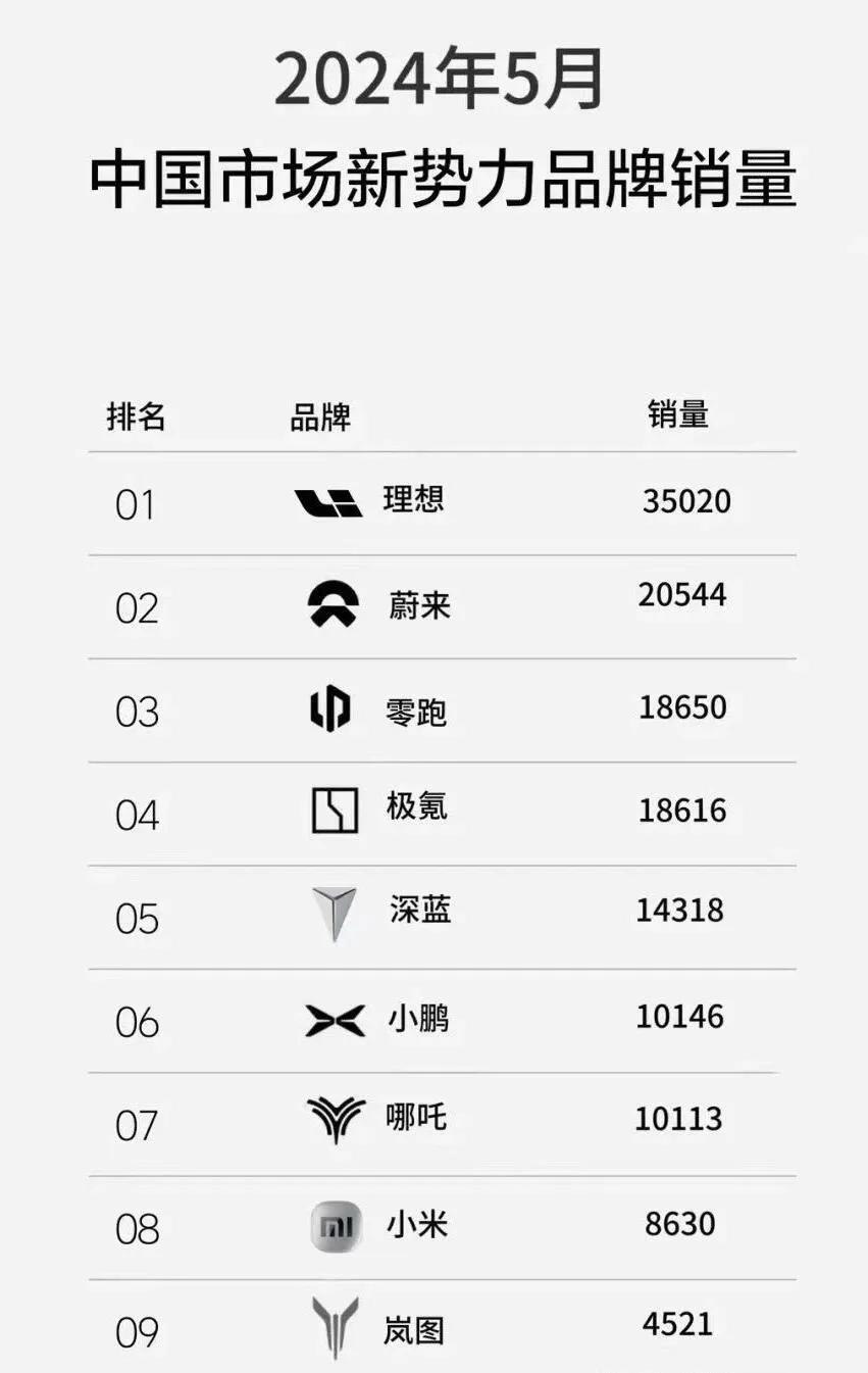 中国市场新势力品牌销量

不过，严重怀疑是理想作的表，只要销量高于理想的都除掉！