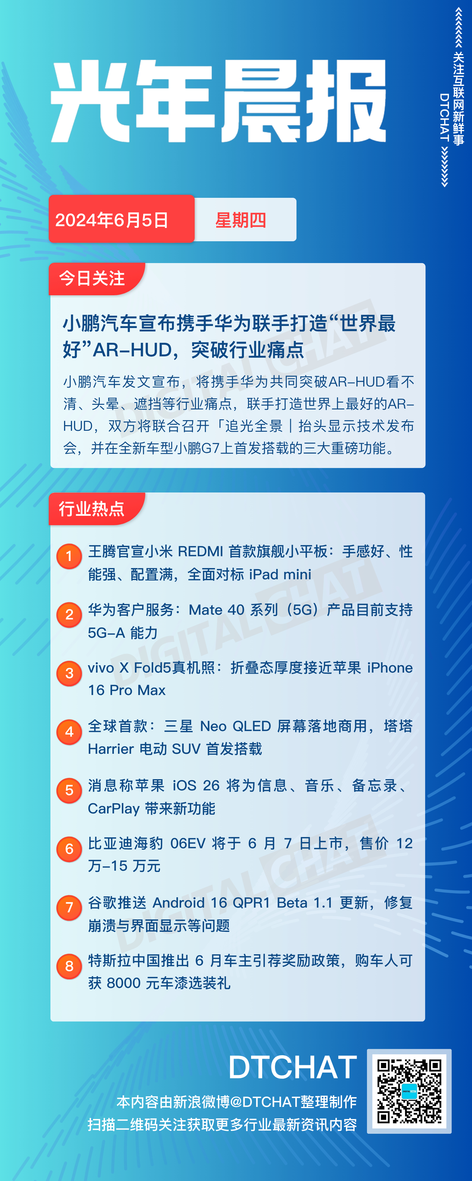 vol.809｜6月5日：DTCHAT光年晨报今日关注：小鹏汽车宣布携手华为联手