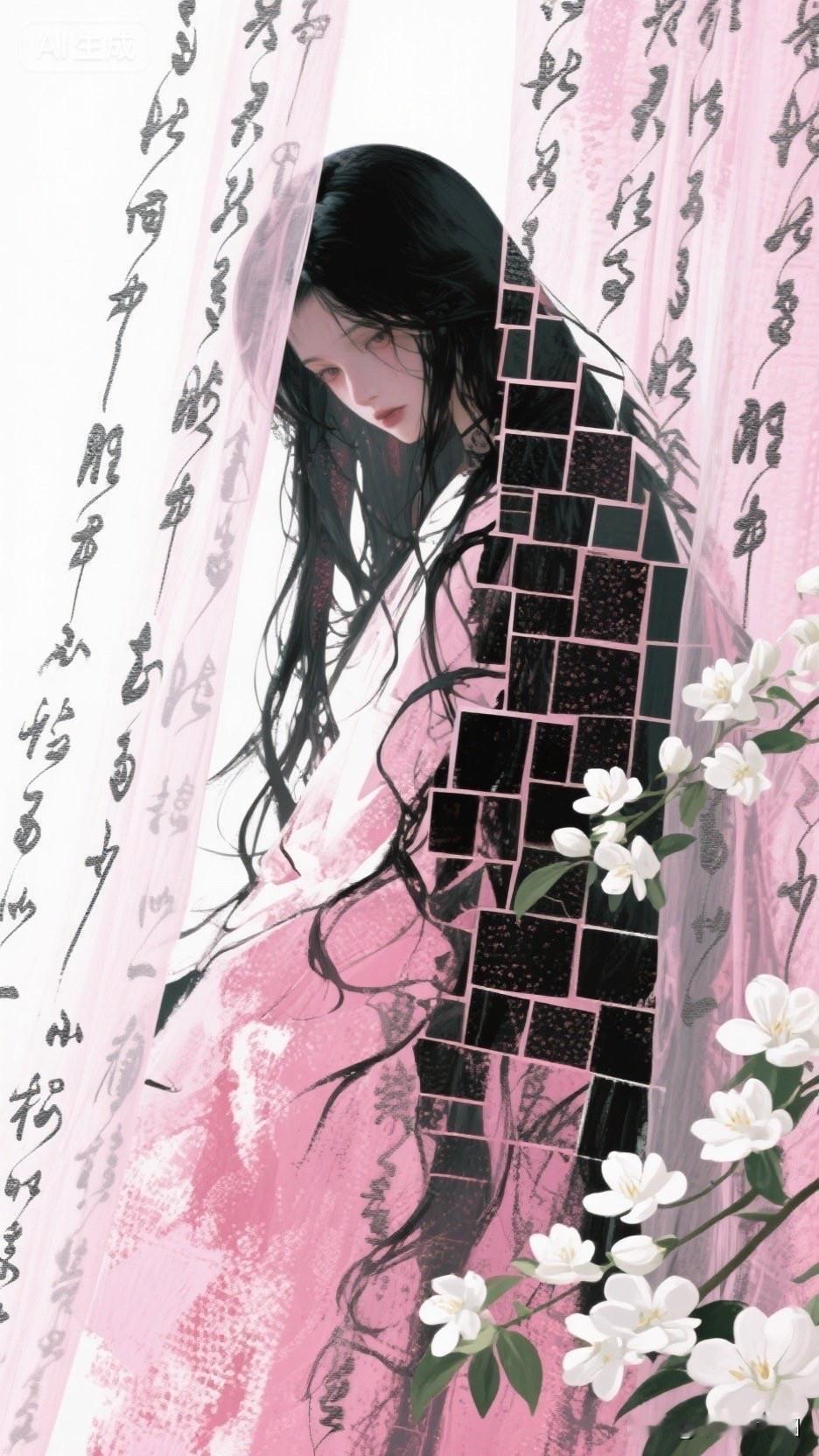 梦幻黑裙少女，粉色樱花背景，唯美艺术插画