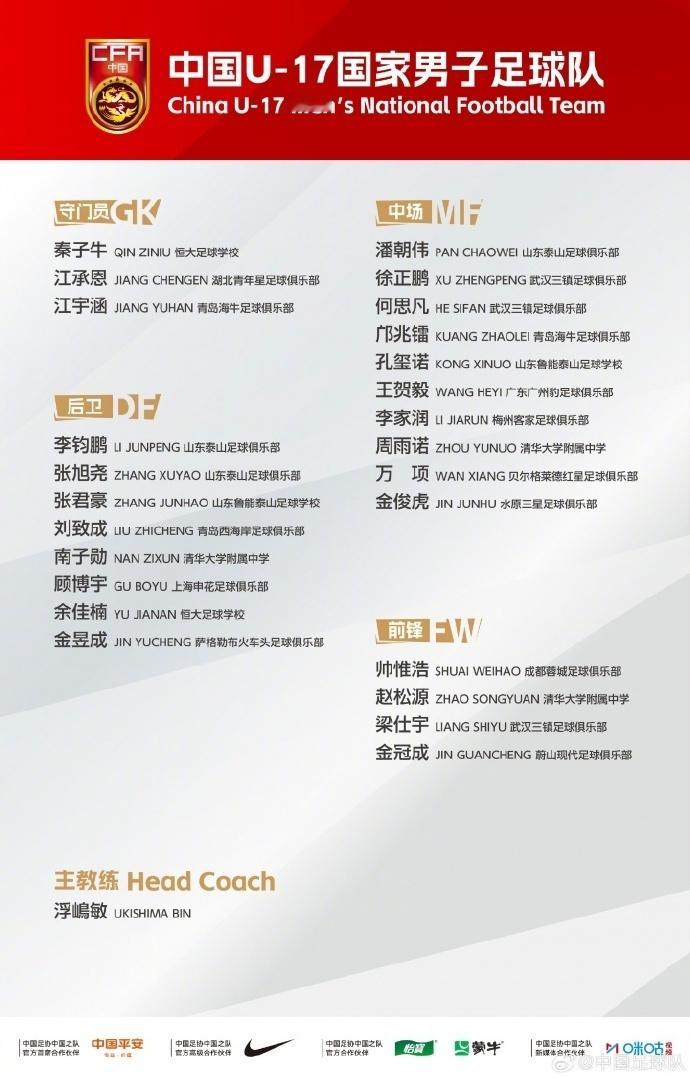 新一期u17国足大名单出炉 中国足协公布新一期U17国足大名单，赵松源、万项、邝