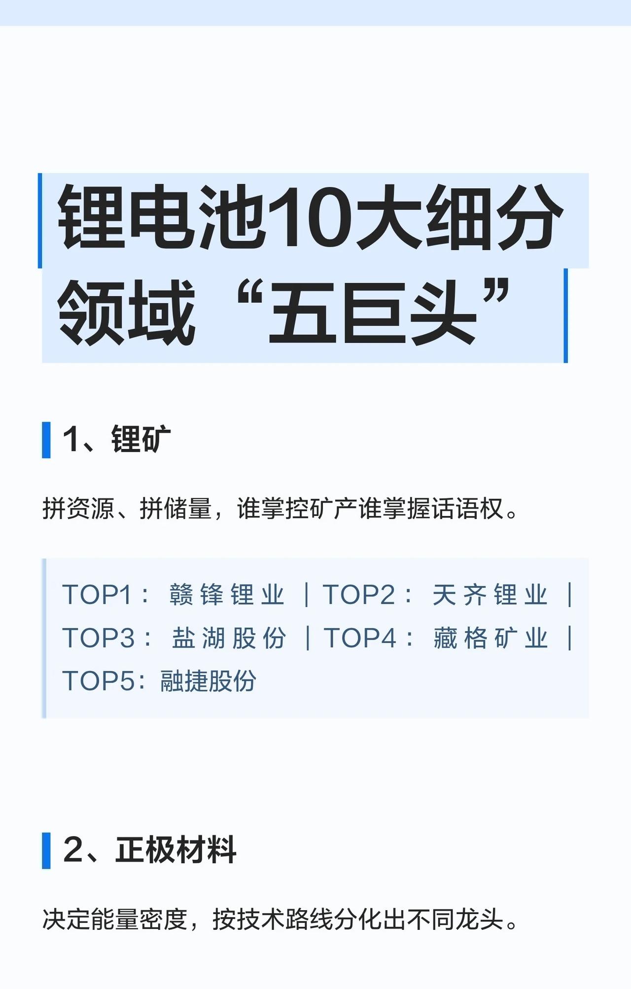 以下是锂电池产业链10大细分领域“五巨头”的梳理，按产业逻辑与技术特性划分为十大