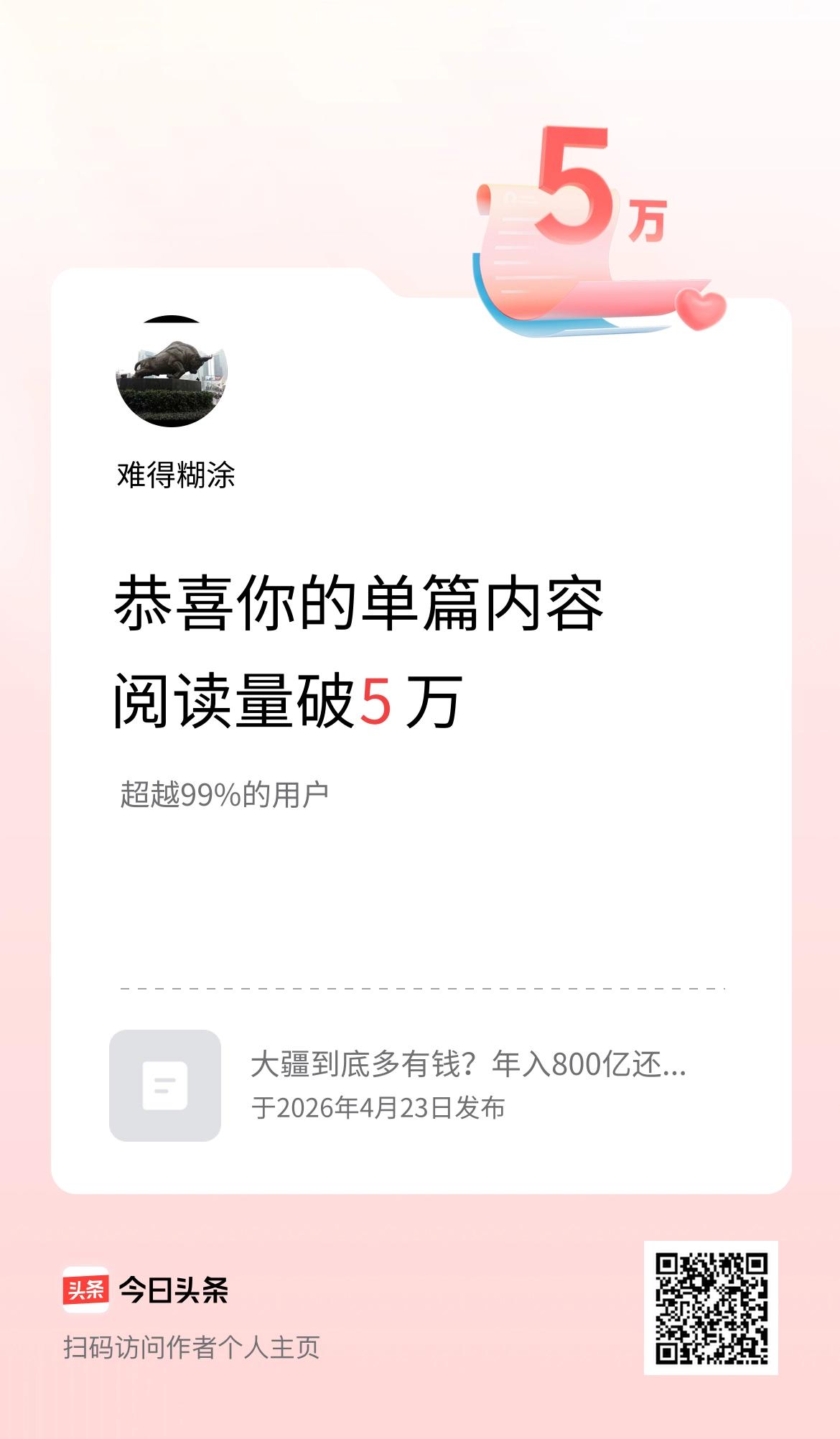 单篇内容获得阅读量破5万啦！