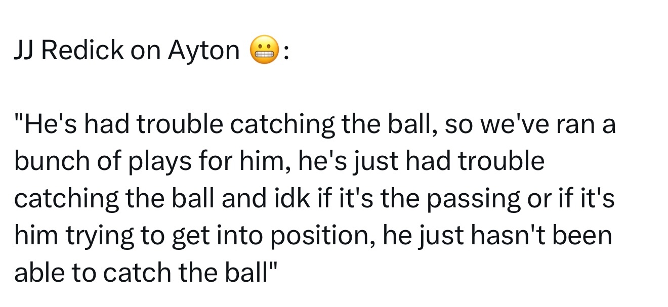 雷迪克谈艾顿：“他一直有接球困难，所以我们为他设计了不少战术，但他就是接不住球。