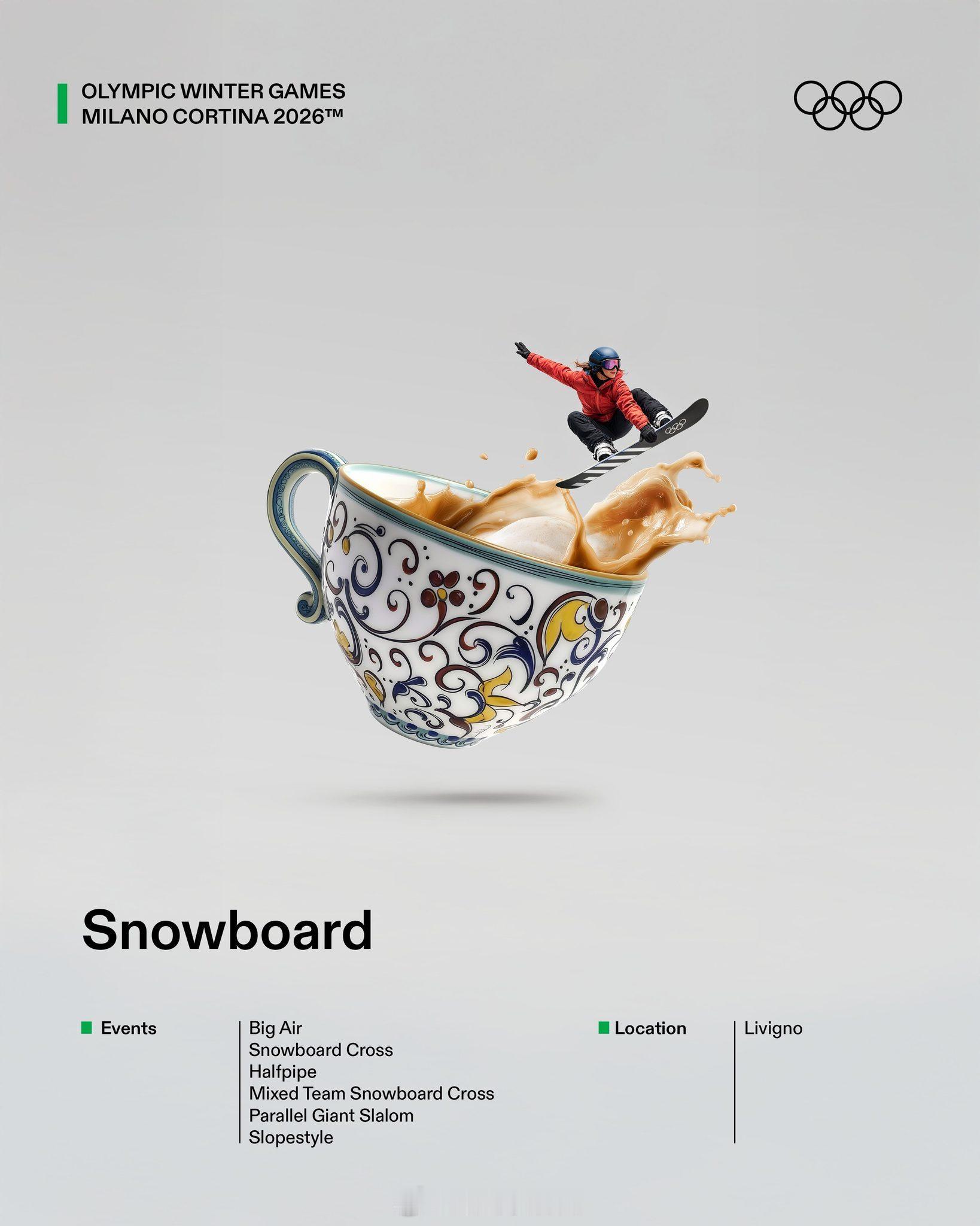 米兰冬奥会这个系列平面广告我只看到了五个，但都足够精彩，充分推广意大利文化：单板