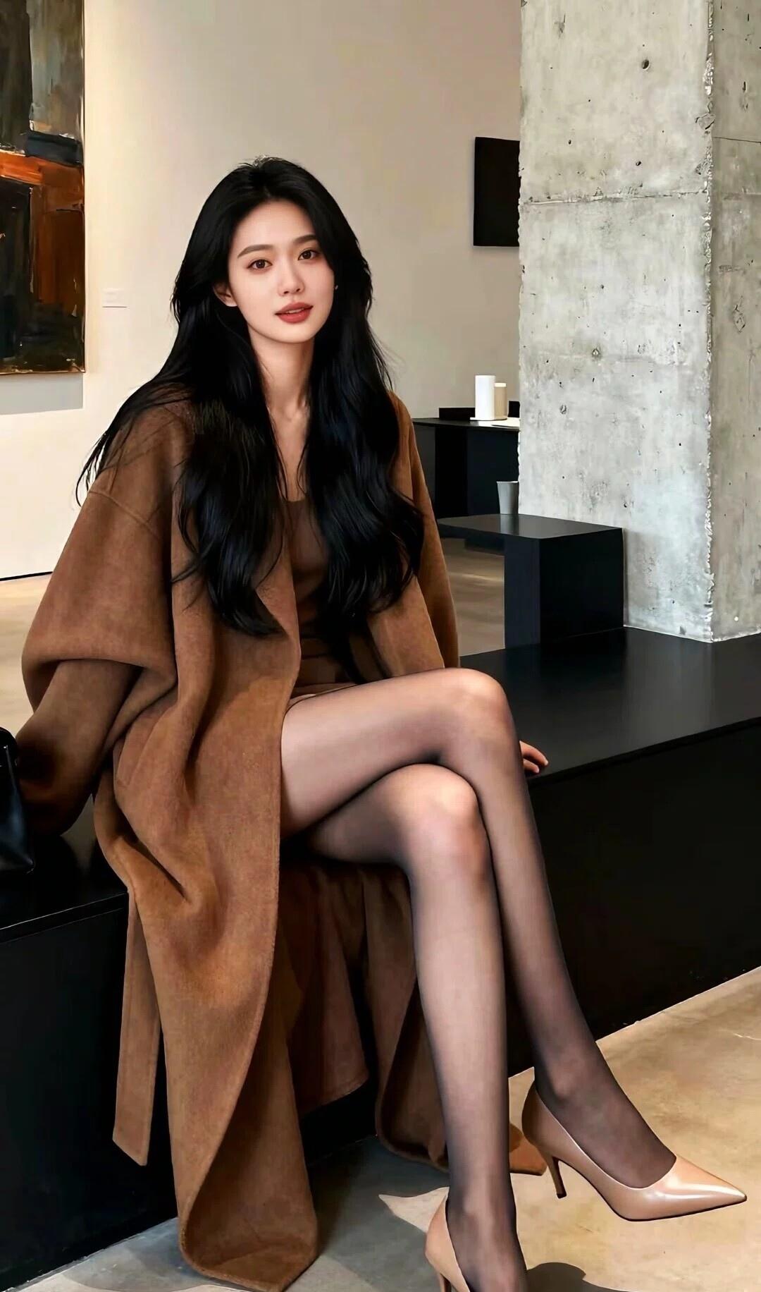 焦糖色大衣裹着慵懒的腔调，黑丝与裸色高跟碰撞出冷艳的精致，在艺术感的空间里，把成