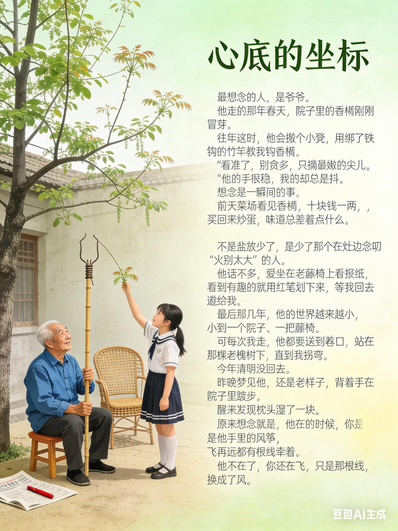 心底的坐标

最想念的人，是爷爷。

他走的那年春天，院子里的香椿刚刚冒芽。往年