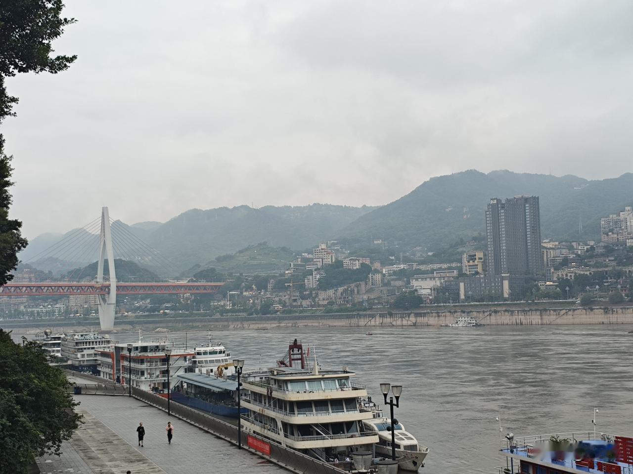 浣溪沙22·重庆长江轮渡
浩渺沧波抱渝州，
重庆航坞系江头。
红机静倚碧滩浮。