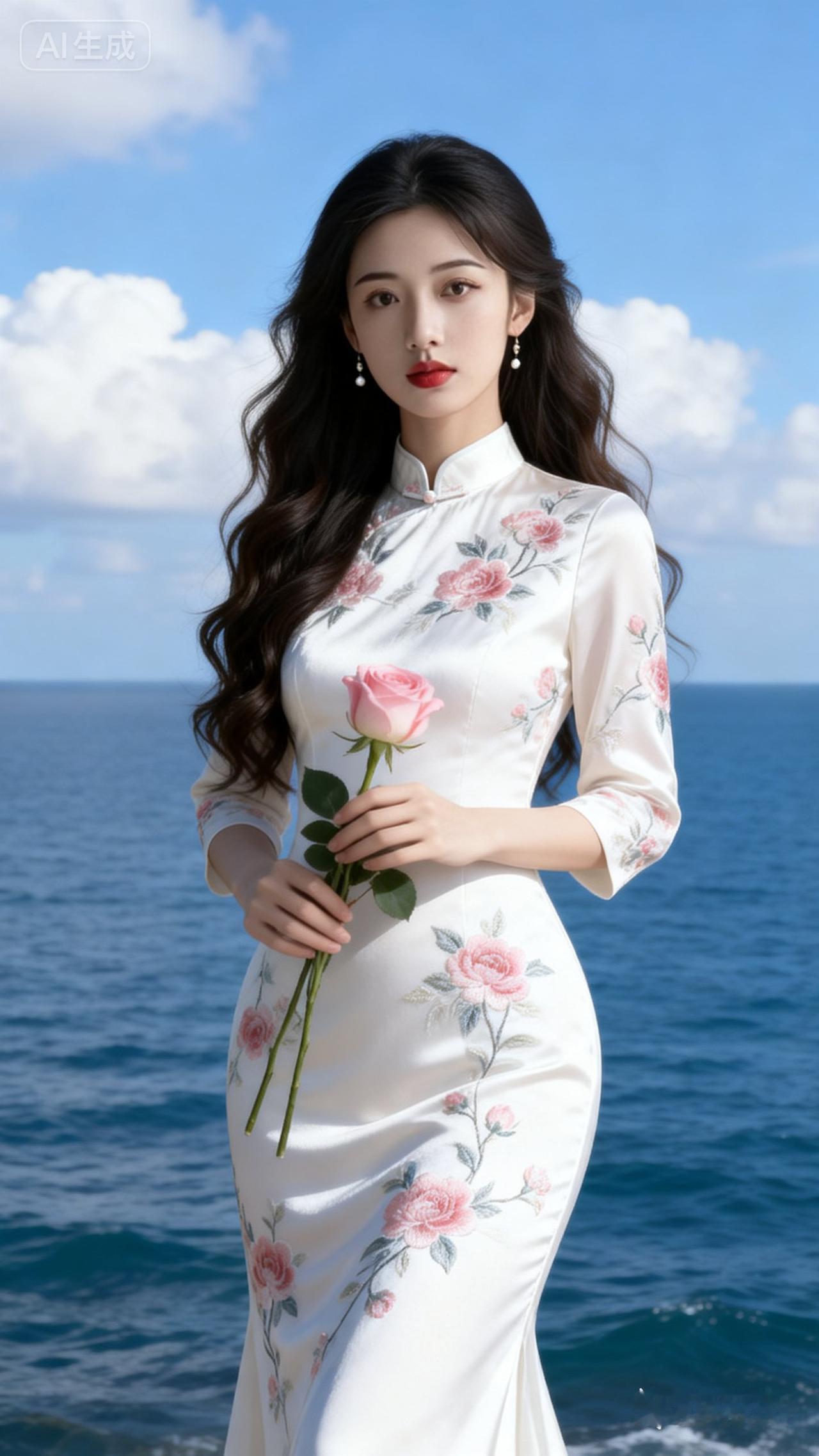 优雅旗袍，海风轻拂，绽放如花般美丽