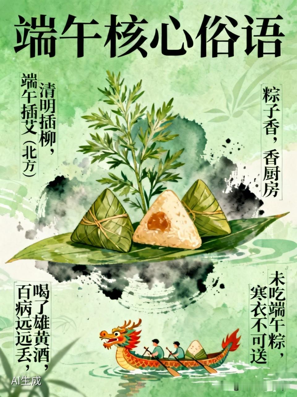 今天是五月初五端午核心俗语（最常用）
清明插柳，端午插艾（北方）
粽子香，香厨房