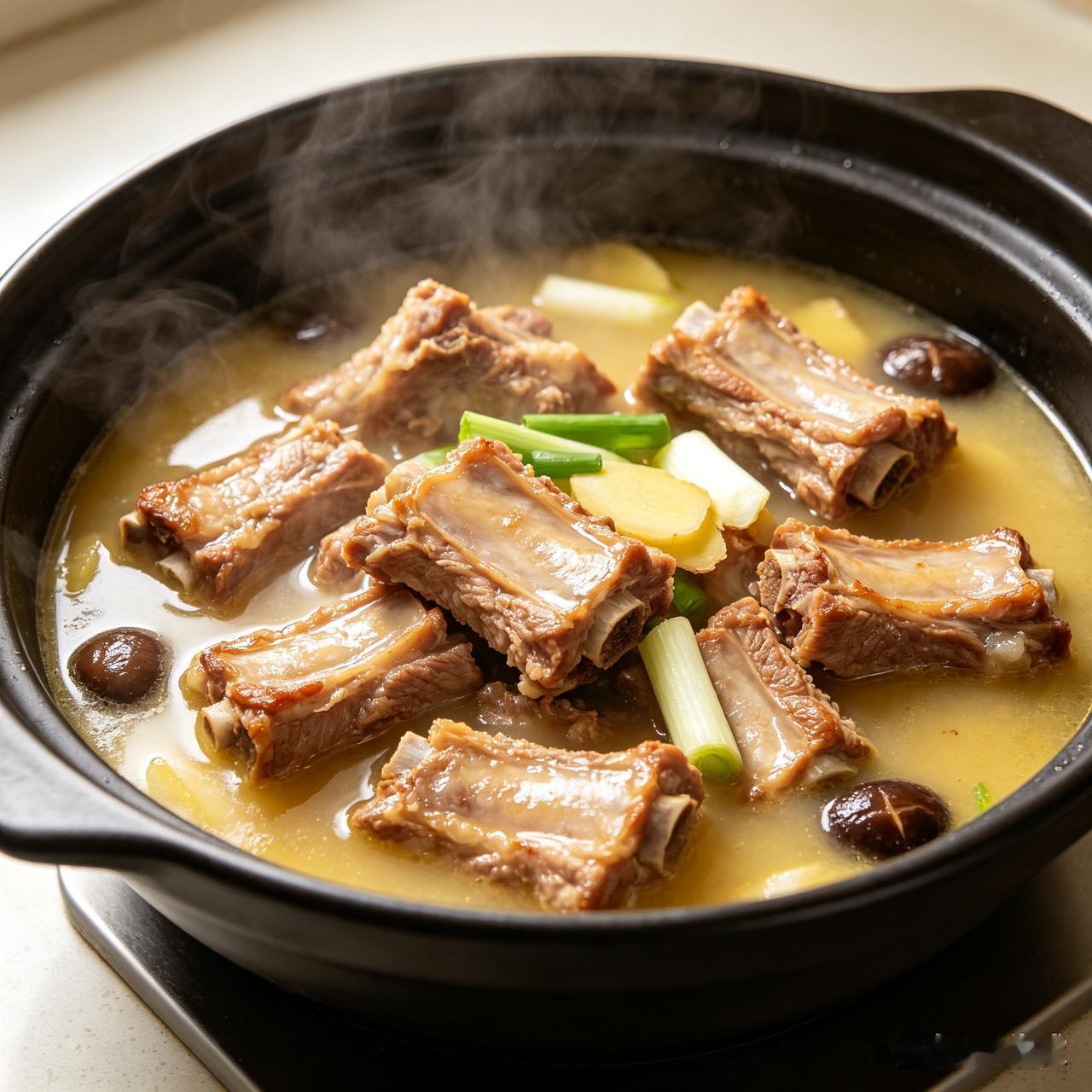 排骨冷水下锅，加姜片、料酒焯水，撇去浮沫捞出洗净。锅里放少许油，把排骨稍微煎至微