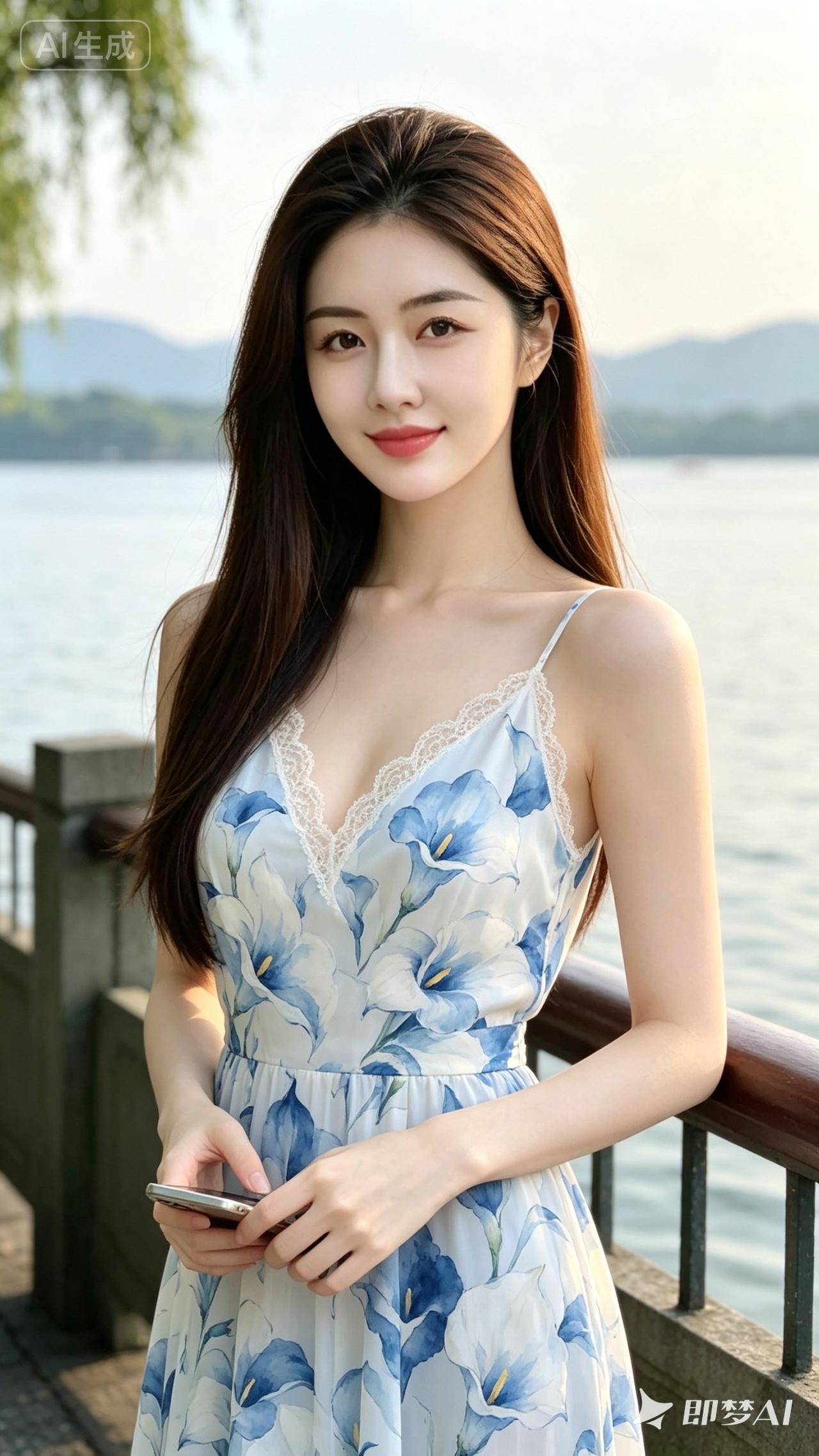 一个穿花裙的女孩在湖边看手机。