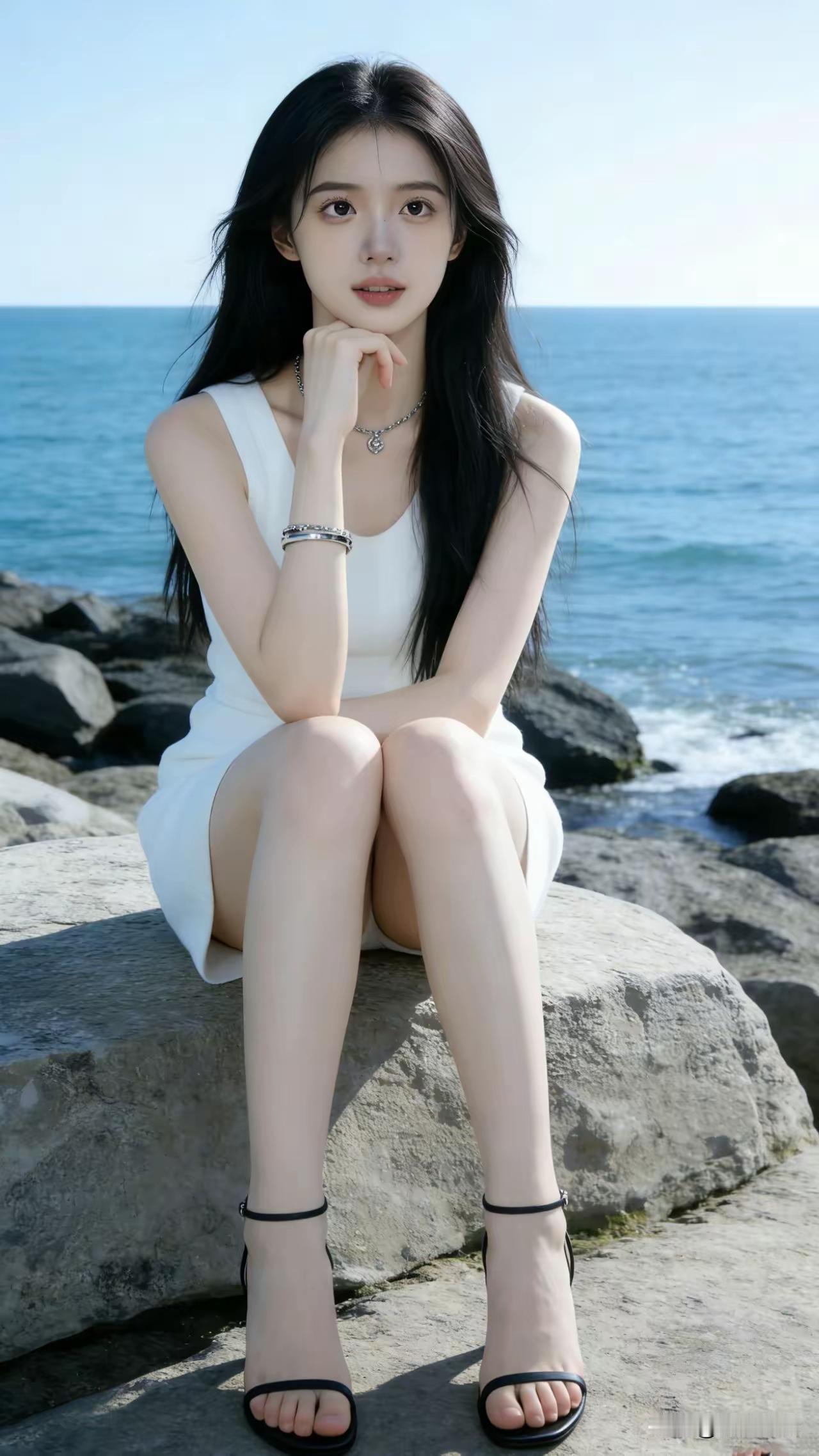 海边少女，清新夏日风，白色连衣裙，黑色高跟鞋，海风吹拂，美不胜收！