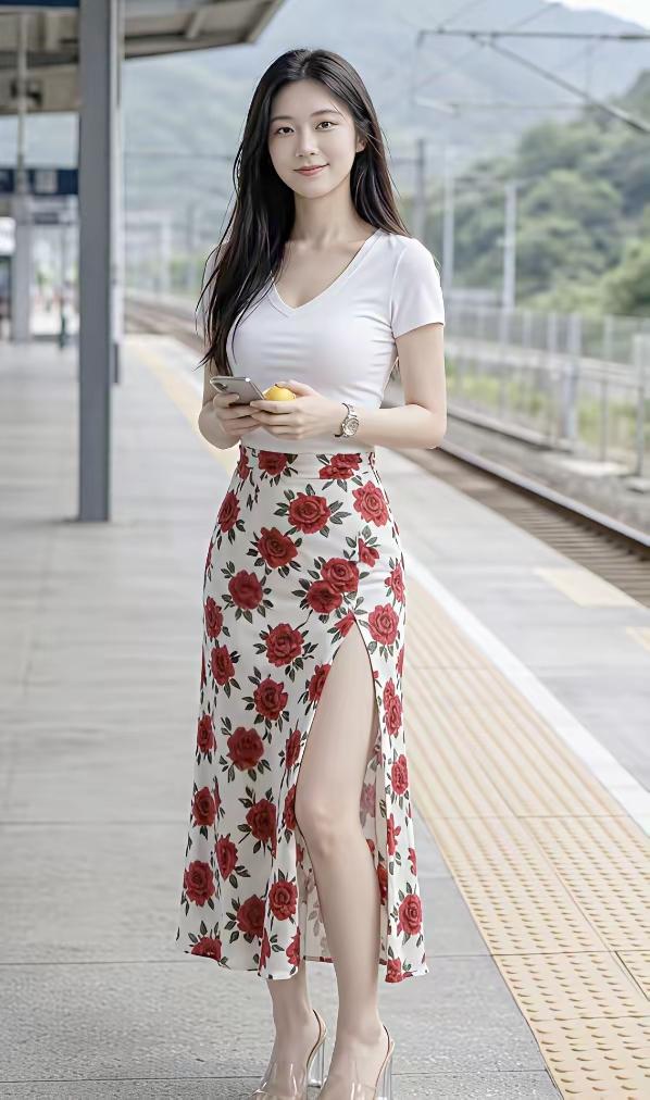 在车站等车，穿白色上衣和红色花卉长裙，搭配高跟鞋，清新自然。
